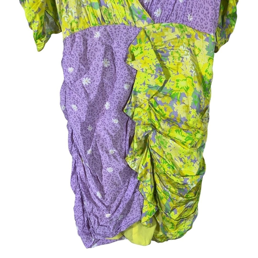 For Love & Lemons Mixed Floral Leopard Mini Dress Purple Lime Green Ruched SizeS - Picture 4 of 7